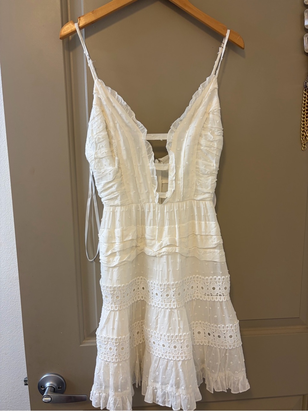 White Eyelet Ruffle Mini Dress with Ladder Front